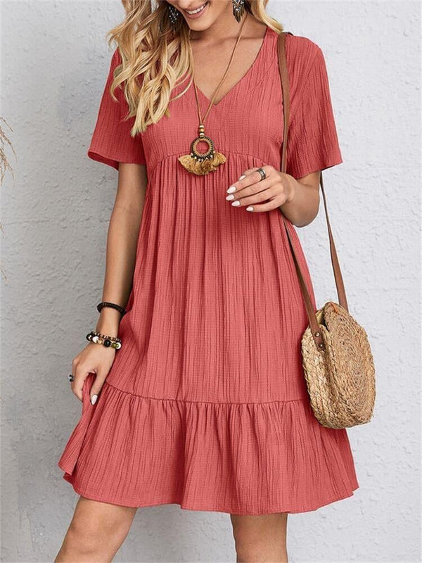 VintageMuse – Damen-Boho-Minikleid mit V-Ausschnitt und Rüschensaum