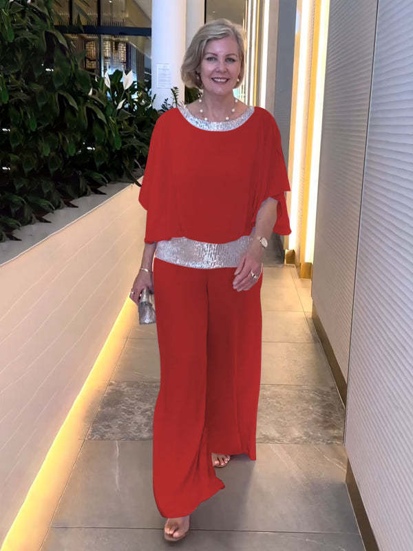 Women's Sequin Accent Two-Piece Wide Leg Pants Set