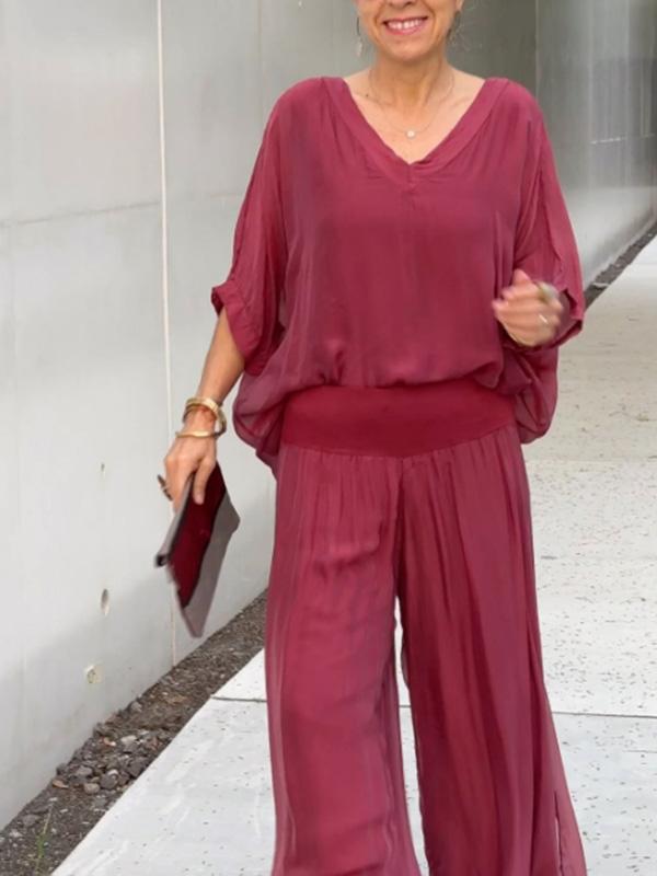 Elegant Chiffon Wide Leg Pants & V-Neck Two-Piece Set
