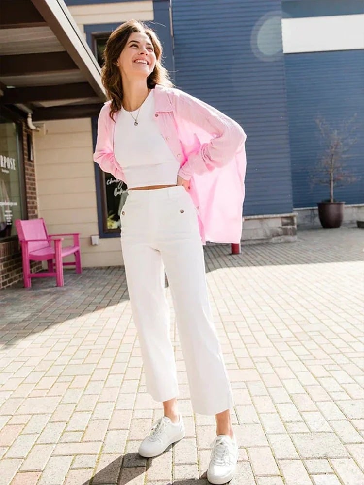 Γυναικείο cropped παντελόνι από twill με φαρδιά μπατζάκια και ελαστική μέση pull-on