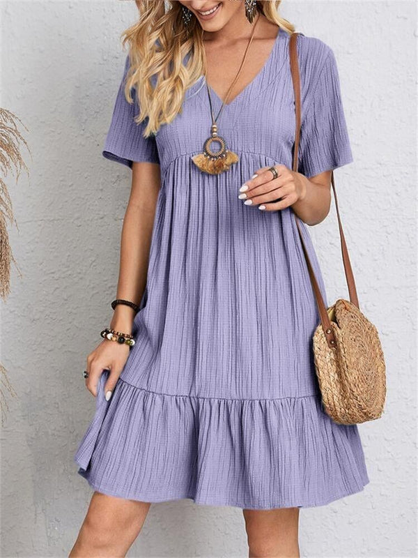 VintageMuse – Damen-Boho-Minikleid mit V-Ausschnitt und Rüschensaum