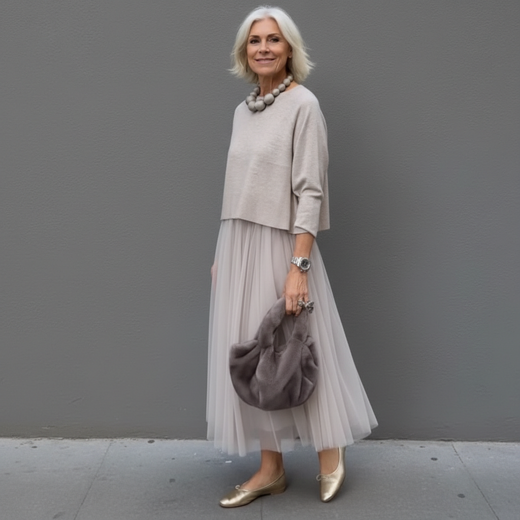 Emmie - Elegantní dvoudílný komplet, vrstvené pletené šaty pro nenucený styl