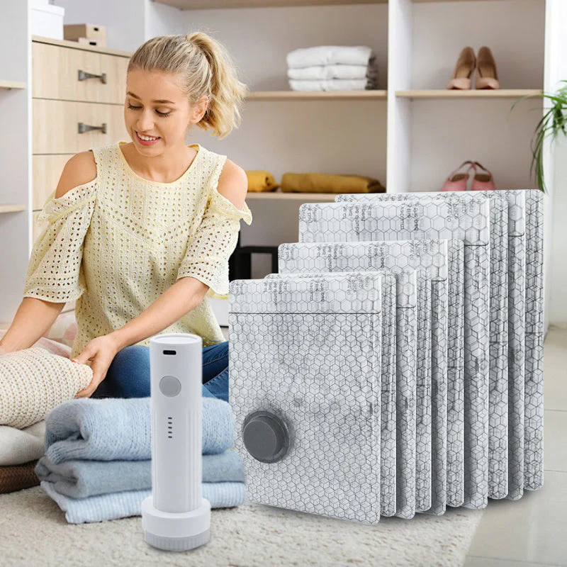 Sacuri de depozitare cu vid, cu pompă manuală – set organizator pentru economisirea spațiului