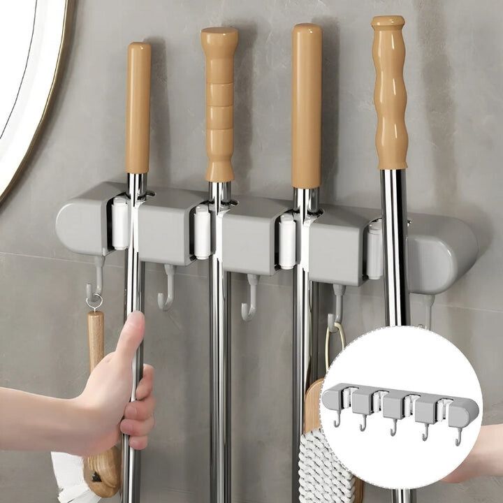 GripMaster — nástěnný držák na mop a koště s háčky
