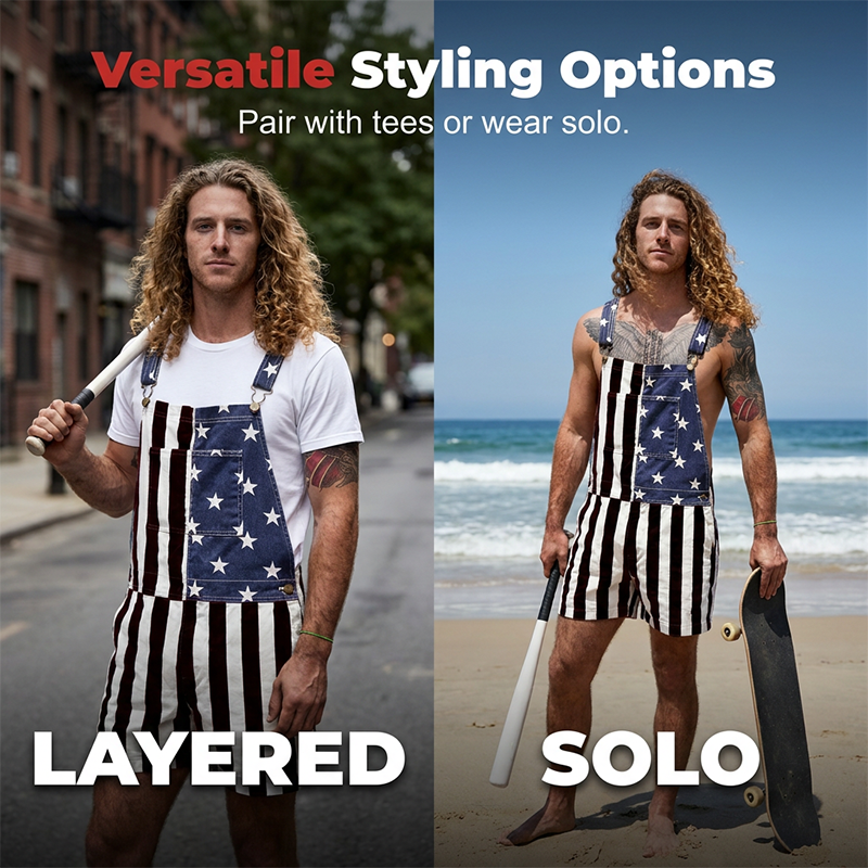 PatriotVibe - Korte denim-overalls med amerikansk flag